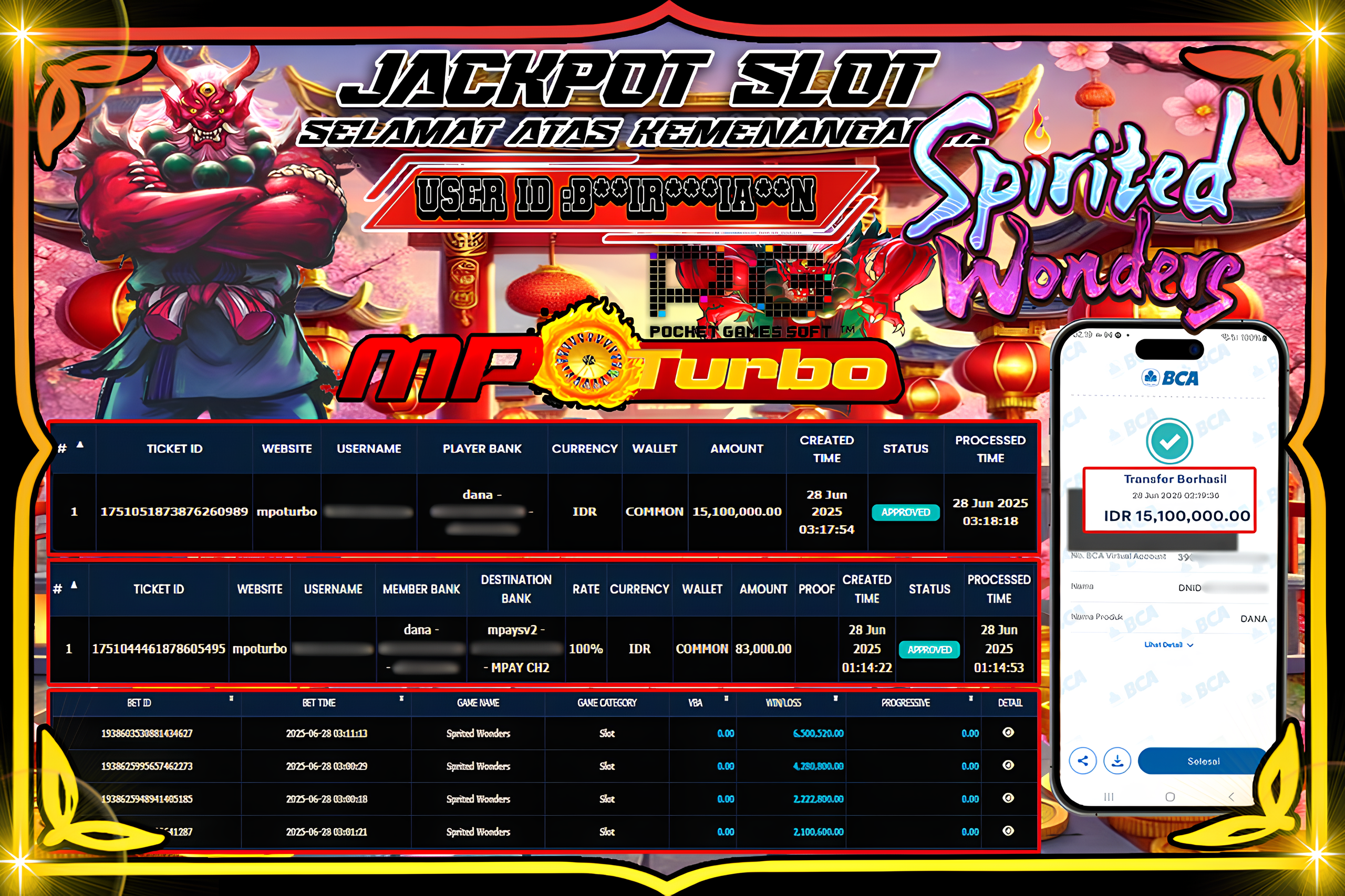 MPOTURBO JACKPOT  SPRITED WONDERS Rp15,100.000.00,- LUNAS